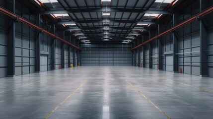 Dimly Lit Industrial Warehouse, an expansive empty space with high beams creating shadows, evoking a moody atmosphere that hints at forgotten stories within its walls.