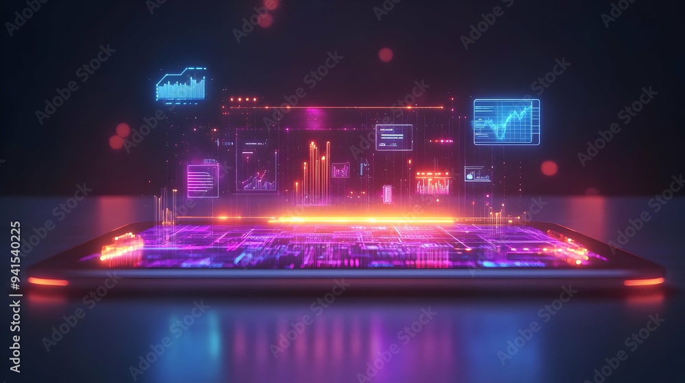 Poster 3d icon as tablet with holographic ai business tracker and travel icons concept as camera movement s