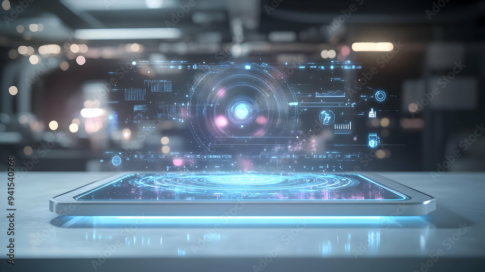 Poster 3D Icon as Tablet with holographic AI business tracker and travel icons concept as Camera movement Slide across the tablet screen with a focus on glowing holographic AI business tracker and travel ico