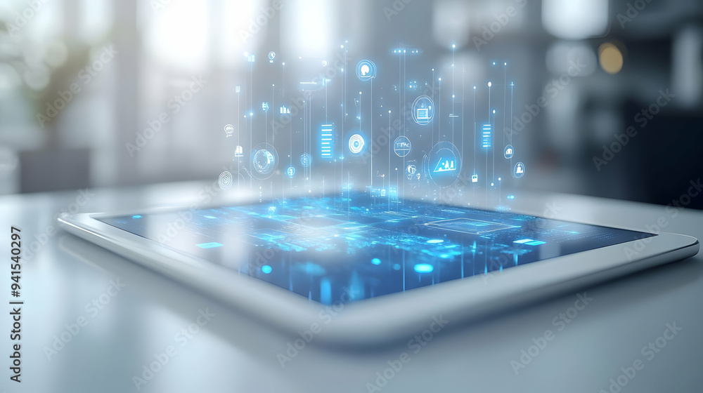 Poster 3d icon as tablet with holographic ai business tracker and travel icons concept as camera movement s