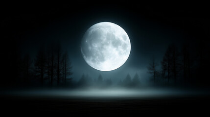 Halloween full moon shining over dark forest with silhouettes of gnarled trees and mist rising from the ground
