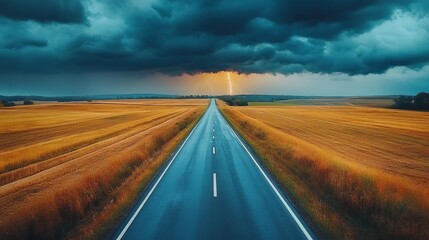 Fototapeta premium A stunning highway stretches through golden fields under dramatic storm clouds, illuminated by a bolt of lightning.
