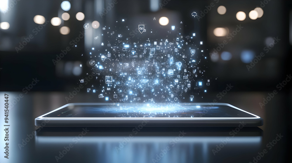 Poster 3d icon as tablet with holographic ai business tracker and travel icons concept as camera movement s