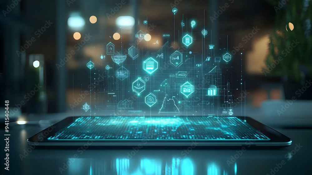 Poster 3d icon as tablet with holographic ai business tracker and travel icons concept as camera movement s