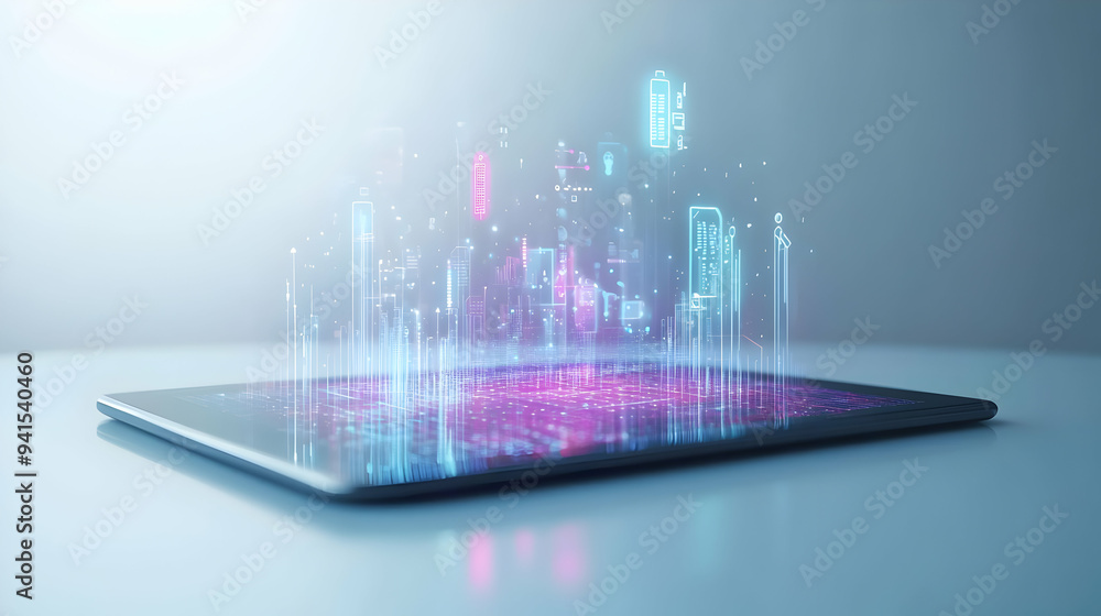 Poster 3D Icon as Tablet with holographic AI business tracker and travel icons concept as Camera movement Slide across the tablet screen with a focus on glowing holographic AI business tracker and travel ico