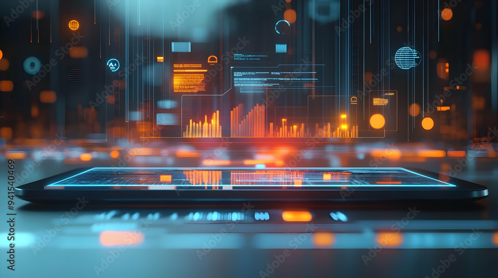 Poster 3d icon as tablet with holographic ai business tracker and travel icons concept as camera movement s