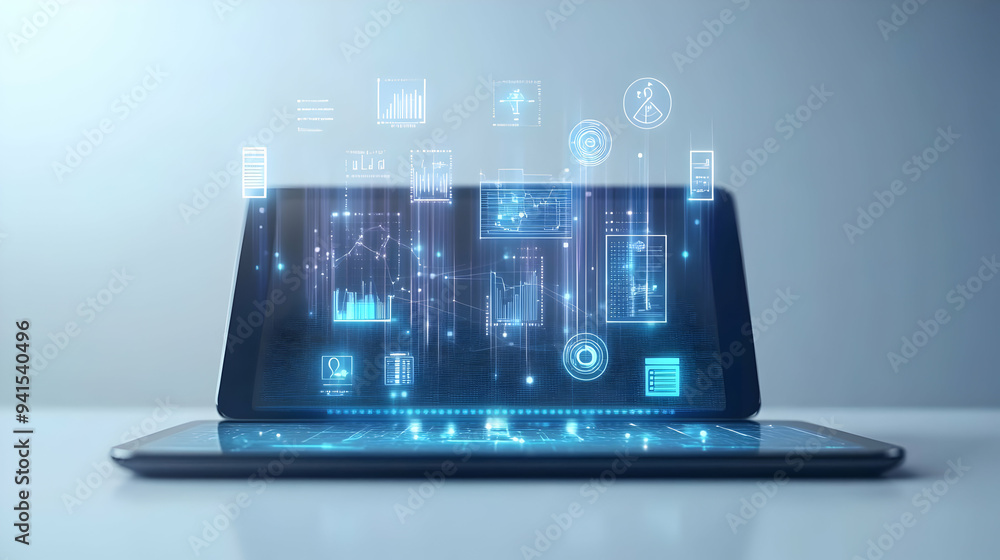 Poster 3D Icon as Tablet with holographic AI business tracker and travel icons concept as Camera movement Slide across the tablet screen with a focus on glowing holographic AI business tracker and travel ico