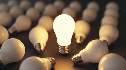 Illuminated Lightbulb in Dark Space, representing creativity and innovation, surrounded by unlit bulbs, emphasizing the spark of new ideas, striking 3D visualization