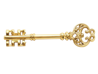 Ornate gold key on a white background. PNG transparent.