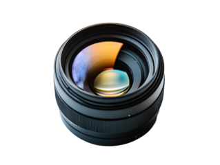 Close-up of a camera lens on a white background. PNG transparent.
