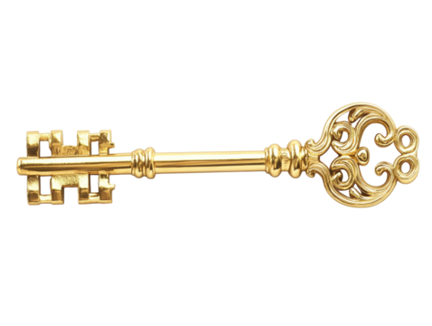 Ornate gold key on a white background. PNG transparent.