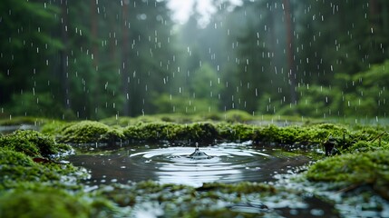 Fototapeta premium Serene Rainy Forest Landscape with Moss Covered Ground and Puddle Reflections
