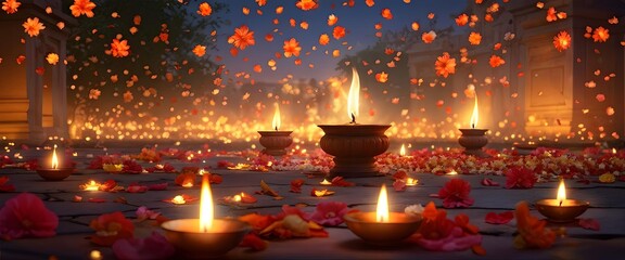Diwali oil lamps with orange flowers at night, symbolizes light and festivity, for Diwali greetings. Generative AI