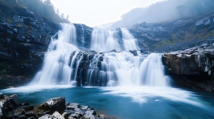 Fototapeta premium Misty Waterfall Amidst Rugged Rocks, a dramatic scene of cascading water enveloped in mist, showcasing nature's raw power and serene beauty in a breathtaking landscape.