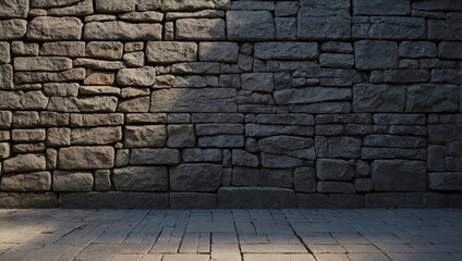 A natural light source highlights the texture and cement joints of a stone wall