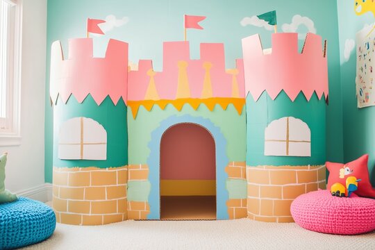DIY kids' playhouse made from cardboard, styled like a medieval castle. The castle features hand-painted bricks, turrets