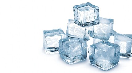 Ice Cube Collection, a pristine arrangement of crystalline ice cubes showcasing intricate textures and soft shadows, set against a clean white backdrop, ideal for text placement.