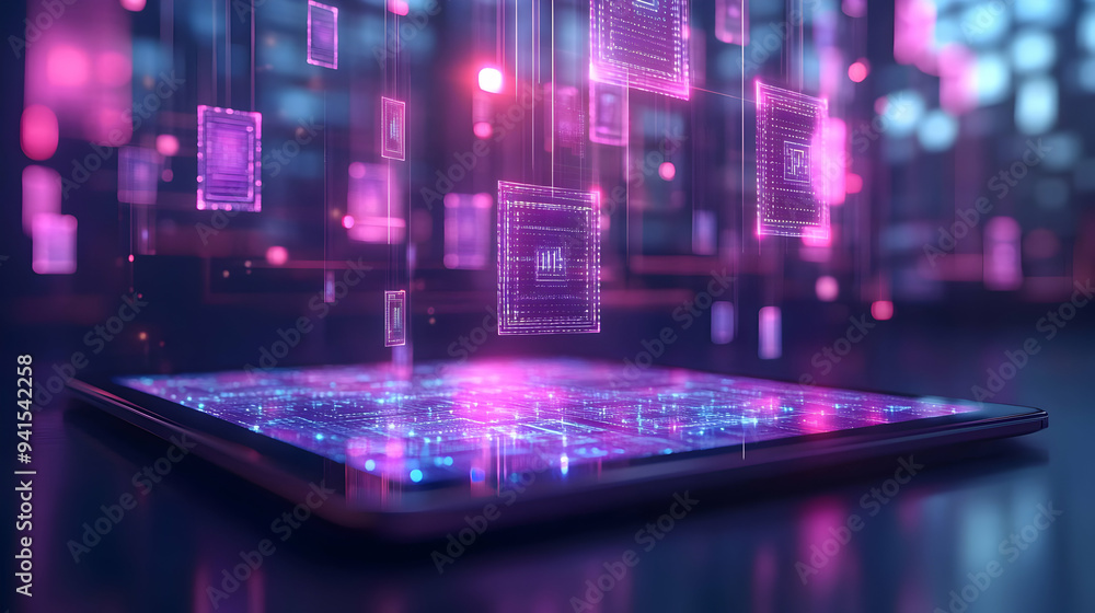 Poster 3d icon as tablet with holographic encryption and phishing icons concept as camera movement slide ac