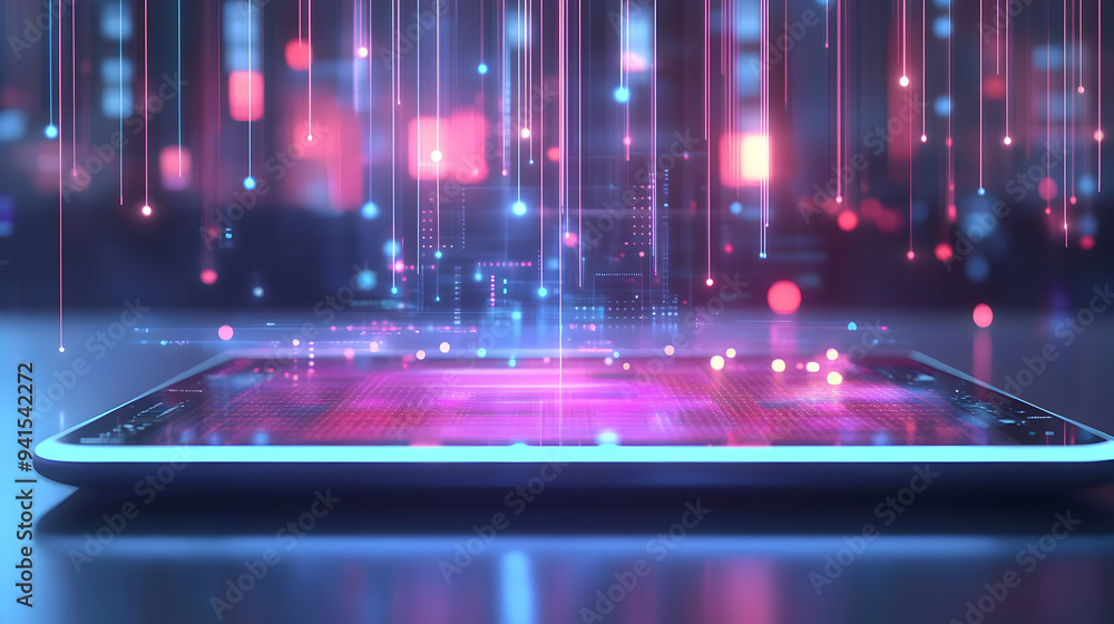 Poster 3d icon as tablet with holographic firewall and secure network icons concept as camera movement slid