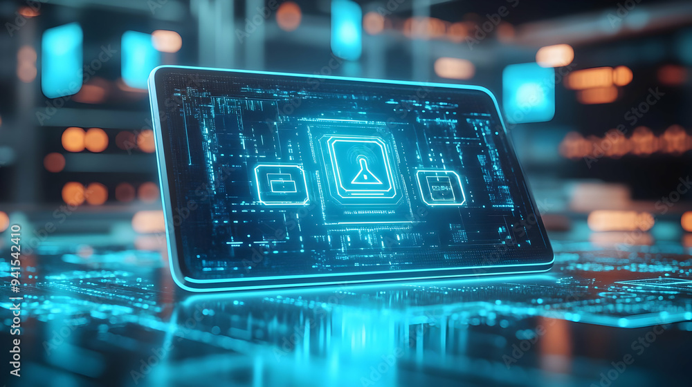 Poster 3d icon as tablet with holographic data breach and secure access icons concept as camera movement sl