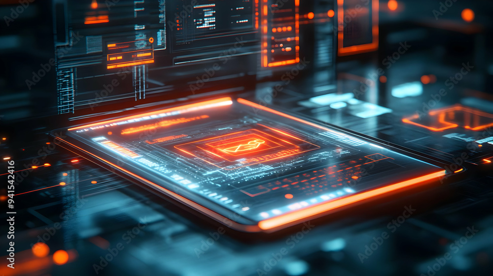Poster 3d icon as tablet with holographic firewall and secure network icons concept as camera movement slid