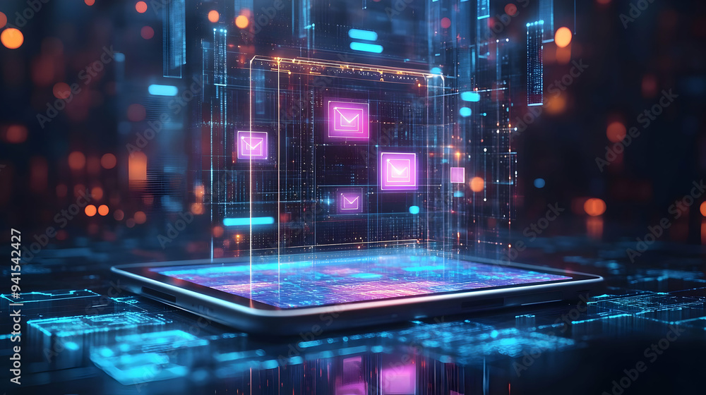 Poster 3d icon as tablet with holographic firewall and secure network icons concept as camera movement slid