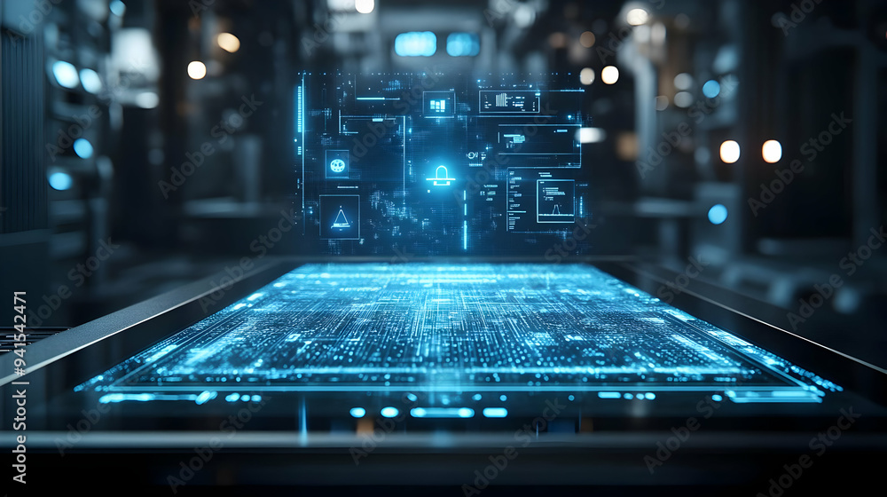 Poster 3d icon as tablet with holographic firewall and secure network icons concept as camera movement slid