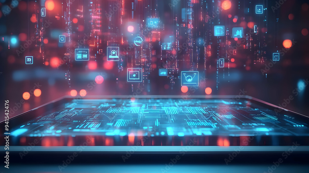 Poster 3d icon as tablet with holographic social engineering and security icons concept as camera movement 