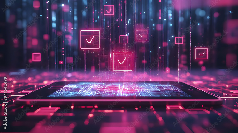 Poster 3d icon as tablet with holographic ransomware and encryption icons concept as camera movement slide 