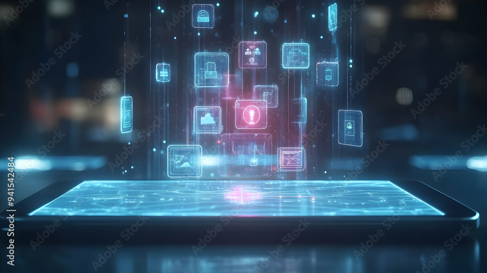 Poster 3d icon as tablet with holographic social engineering and security icons concept as camera movement 