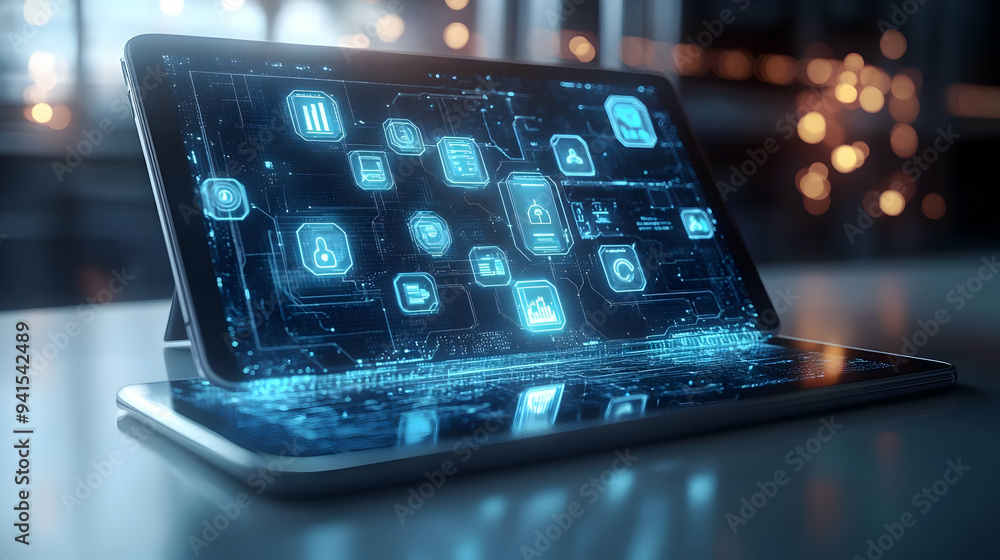 Poster 3d icon as tablet with holographic social engineering and security icons concept as camera movement 