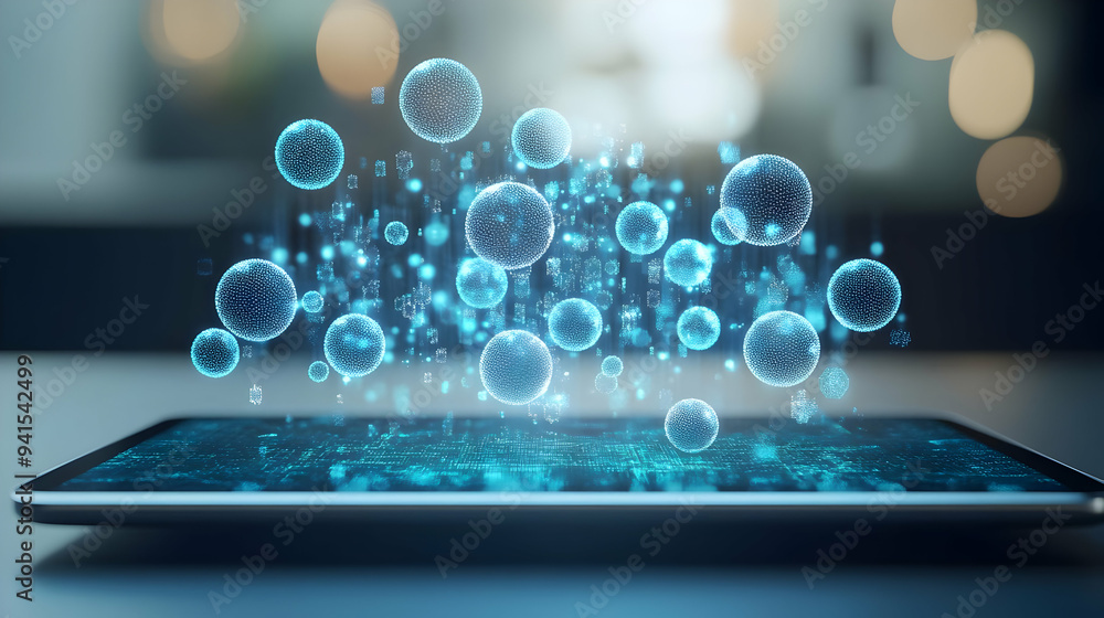 Poster 3d icon as tablet with holographic spyware and secure network icons concept as camera movement slide