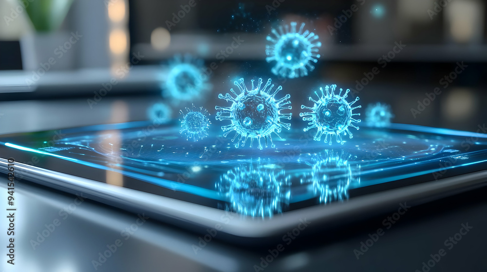 Poster 3d icon as tablet with holographic virus and firewall icons concept as camera movement slide across 