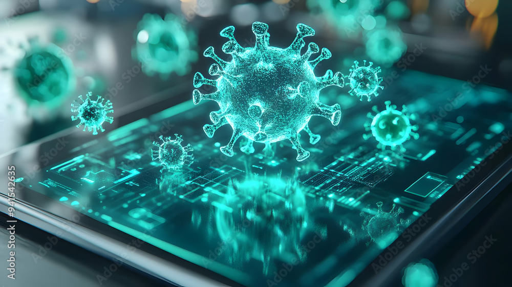 Poster 3d icon as tablet with holographic virus and firewall icons concept as camera movement slide across 