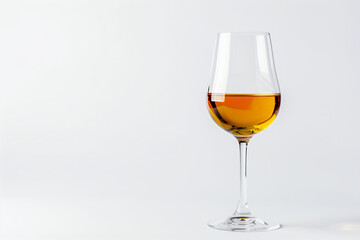 The glass contains an amber colored liquid on a plain white background.