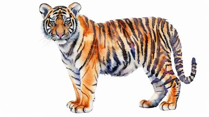 Obraz premium Whimsical Tiger Cub Illustration, a charming watercolor depiction of a curious tiger cub with intricate fur details, perfect for children's literature, inviting and playful design.