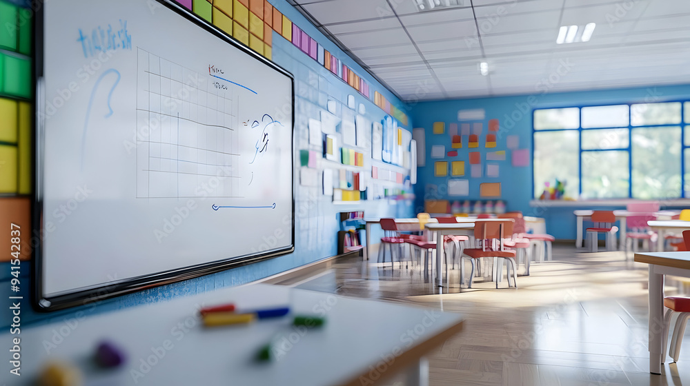 Poster 3d icon as teacher using a glossy interactive whiteboard in a modern classroom concept as camera mov