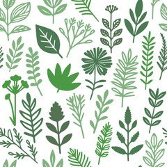 Fototapeta premium Seamless pattern with green plants of different species on white background