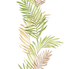 Palm leaves in seamless border watercolor illustration isolated. Border for design, banners, wallpapers, patterns.