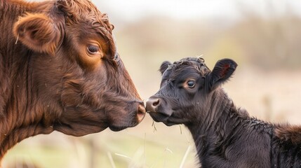 Fototapeta premium Tender bond of young Angus calf nursing from mother, showcasing nurturing instincts, maternal care, and the intimate connection between calf and cow in a pastoral setting