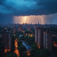 Dramatic city skyline illuminated by lightning during a storm, showcasing vibrant lights and dark clouds in an urban landscape.
