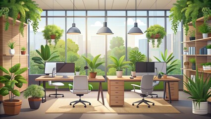 Fototapeta premium Biophilic Office: Nature-inspired office vector art incorporating plants, organic shapes, and earthy tones