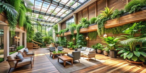 Fototapeta premium Biophilic Oasis: Lush greenery, natural woodgrain textures, and daylighting, integrating nature into indoor spaces for tranquility and well-being.