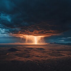 Fototapeta premium Dramatic storm clouds illuminate the sky, showcasing a powerful lightning strike over a vast, arid landscape during a rainstorm.