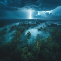 Dramatic storm over a dense forest with lightning illuminating the moody, misty landscape.