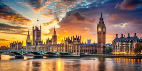 Fototapeta premium Landscape of London at sunset featuring the iconic Big Ben tower, skyline, England, sunset, United Kingdom, Big Ben, British, tourism, cityscape, landscape, travel, London, clock, famous