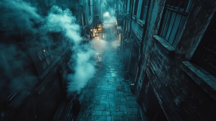 Mysterious alley shrouded in steam, illuminated by a distant glow, creating an eerie and atmospheric urban scene.