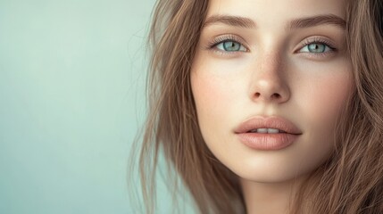 Fototapeta premium Serene Beauty: Close-up Portrait of Woman with Striking Blue Eyes