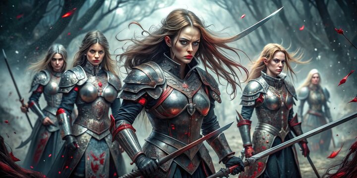 Blood-Soaked Metal Valkyries: Female warriors in metal plates, flowing hair, bloodstained weapons, ethereal and haunting.