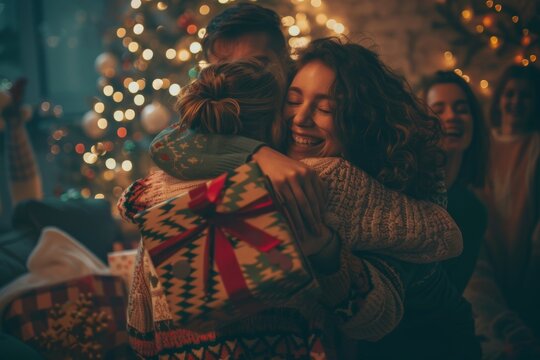 During a delightful Christmas celebration, friends warmly embrace in a cozy setting with festive lights, creating a joyous atmosphere filled with happiness and love, radiating warmth